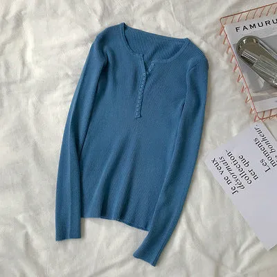 V-Neck Knitted Long Sleeved Solid Colored Slimming Feminine Sweater