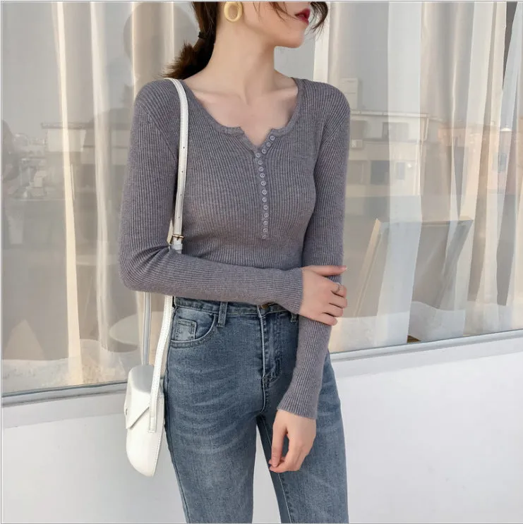 V-Neck Knitted Long Sleeved Solid Colored Slimming Feminine Sweater