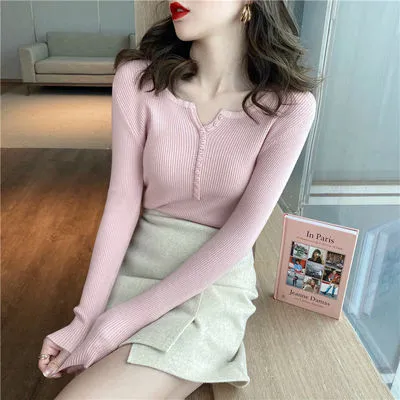 V-Neck Knitted Long Sleeved Solid Colored Slimming Feminine Sweater