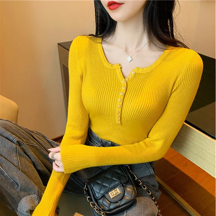 V-Neck Knitted Long Sleeved Solid Colored Slimming Feminine Sweater