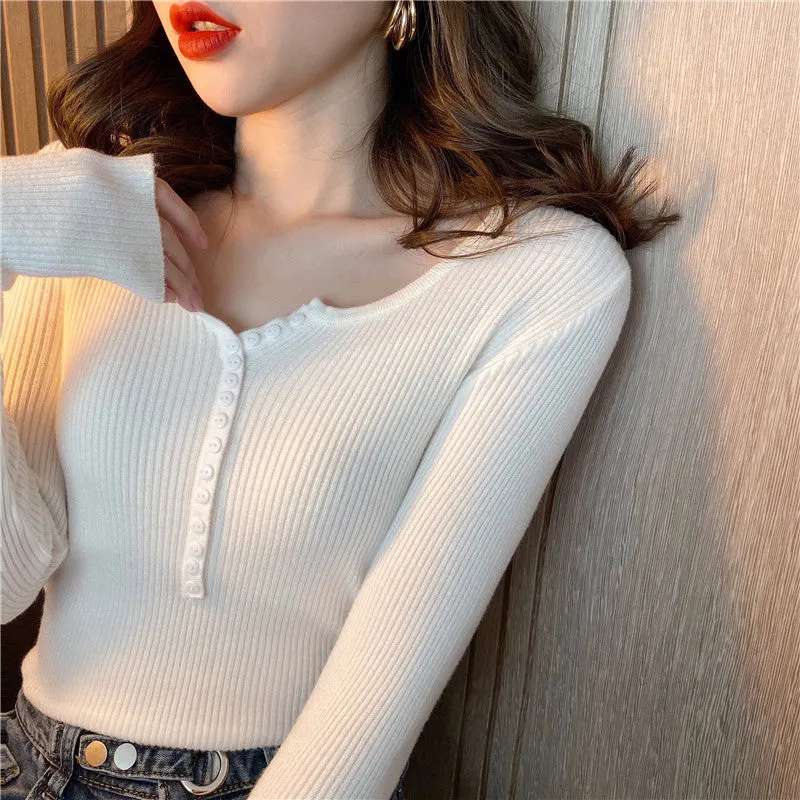 V-Neck Knitted Long Sleeved Solid Colored Slimming Feminine Sweater