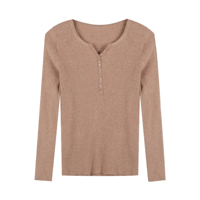 V-Neck Knitted Long Sleeved Solid Colored Slimming Feminine Sweater