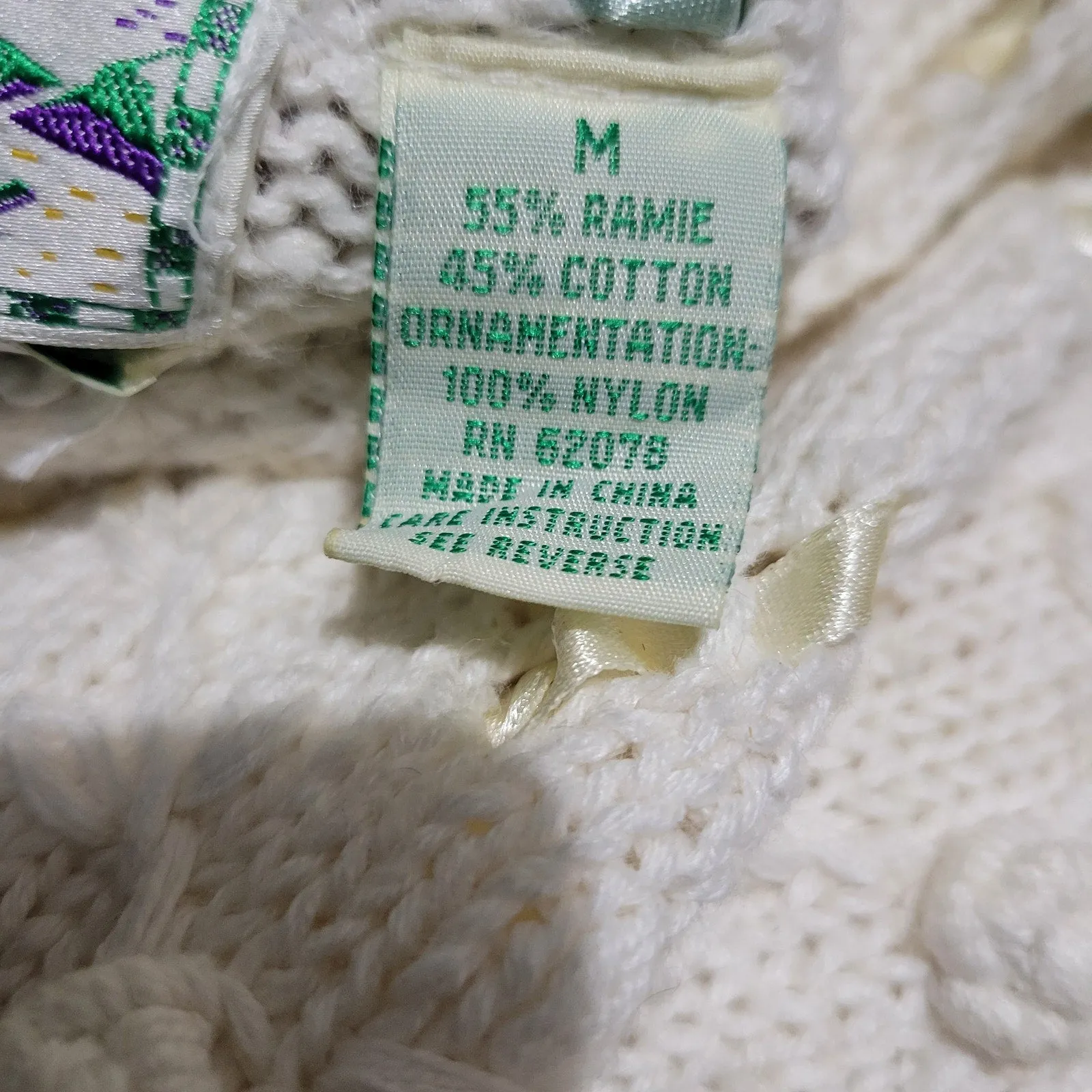 Vintage Emerald Isle Sweater Cream Pastel Crochet Ribbons Embroidery Grandma Size Medium