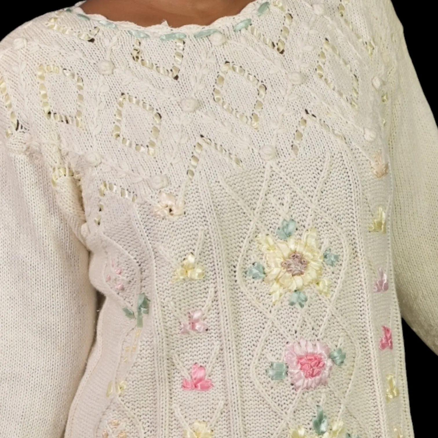 Vintage Emerald Isle Sweater Cream Pastel Crochet Ribbons Embroidery Grandma Size Medium