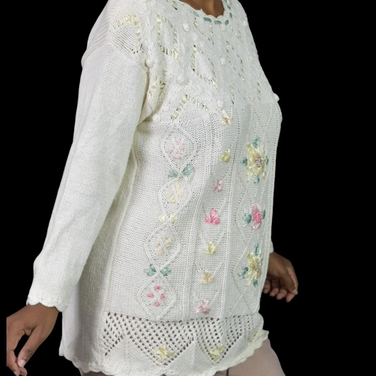 Vintage Emerald Isle Sweater Cream Pastel Crochet Ribbons Embroidery Grandma Size Medium