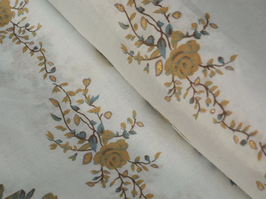 White & Cream Floral Motifs Premium Modal Chanderi Silk Fabric