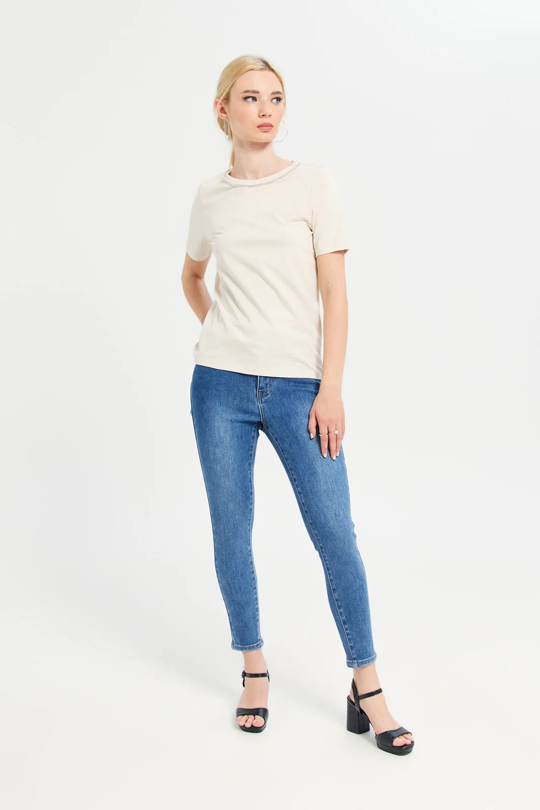 Women Beige Neck Trim Detailed T-Shirt