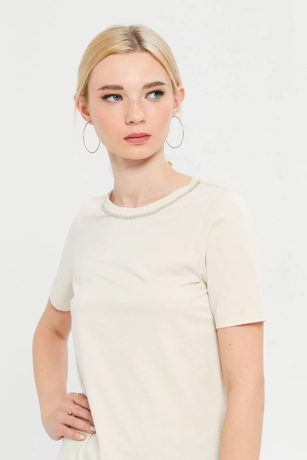 Women Beige Neck Trim Detailed T-Shirt