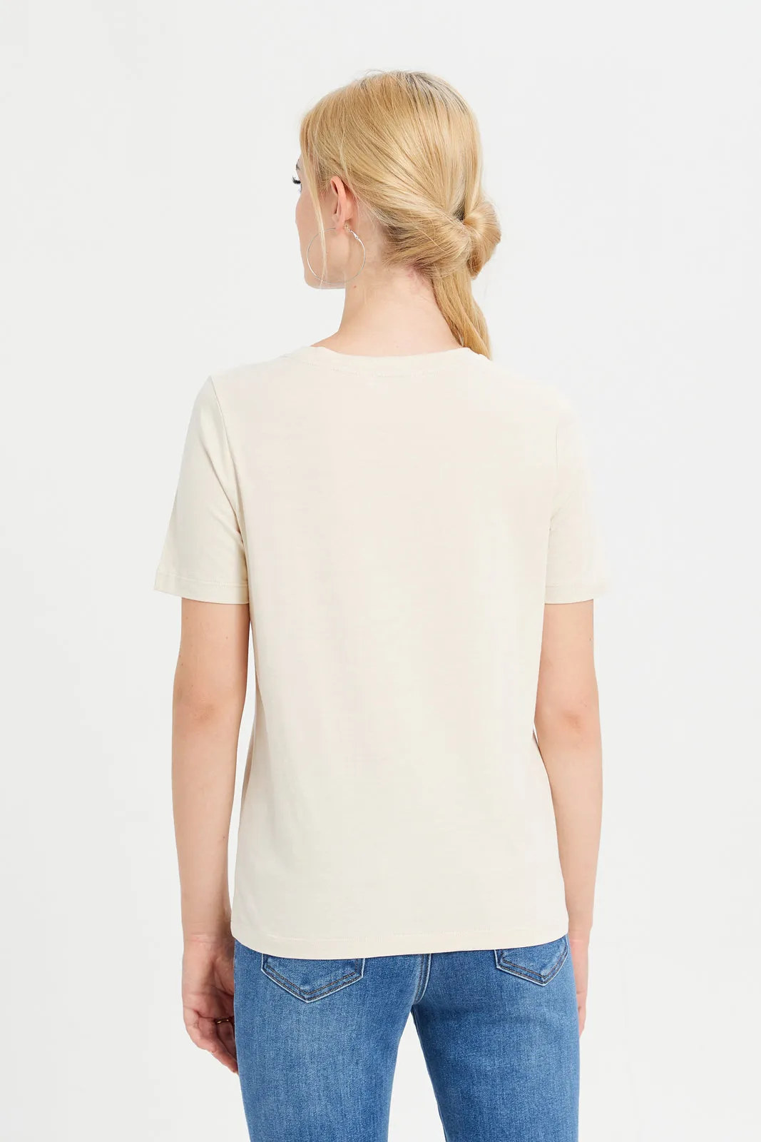 Women Beige Neck Trim Detailed T-Shirt