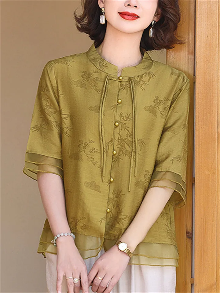 Women's Chinese Style Summer Flowy Short Sleeve Shirt