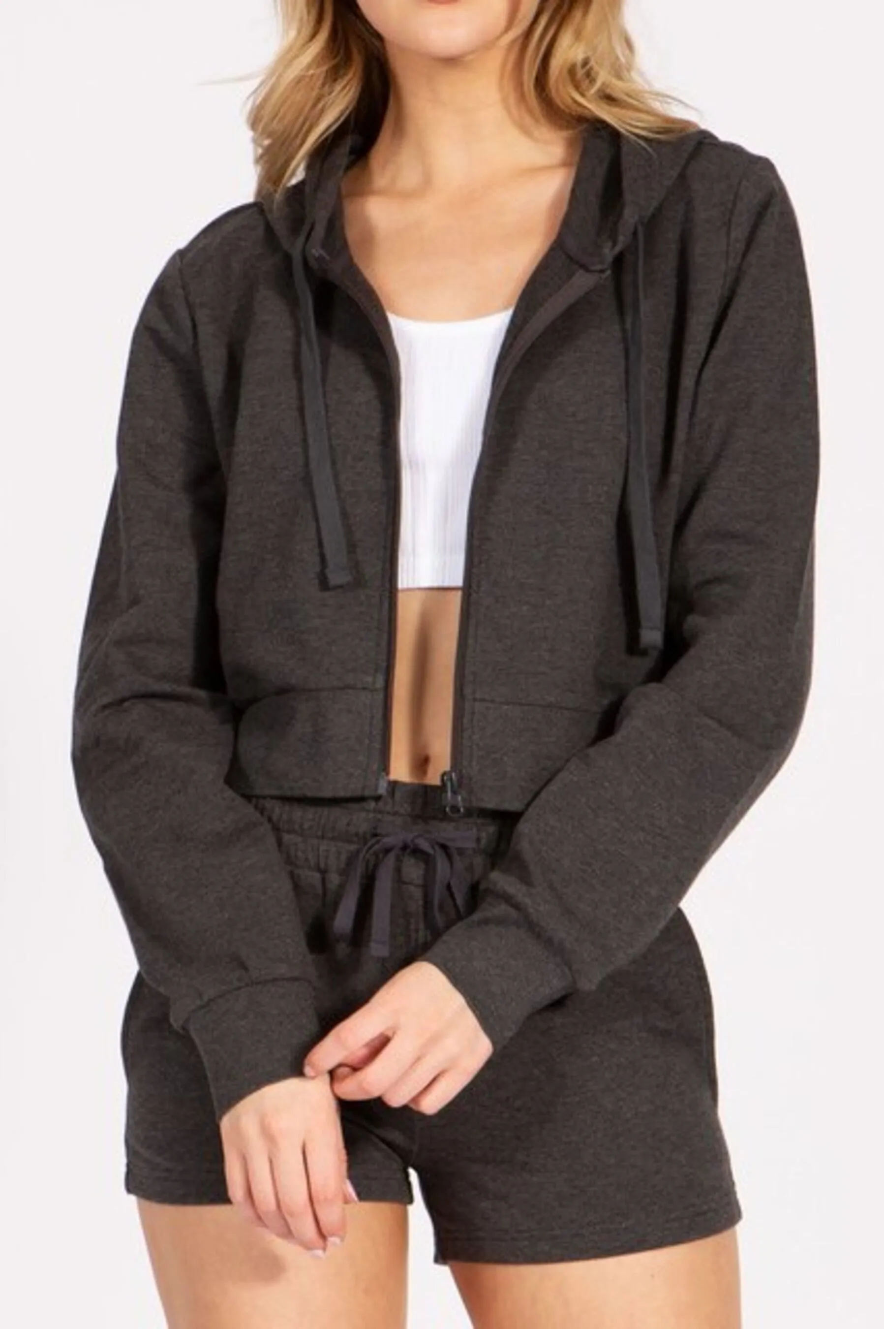 Women's Cropped Zip Up French Terry Hooded Jacket