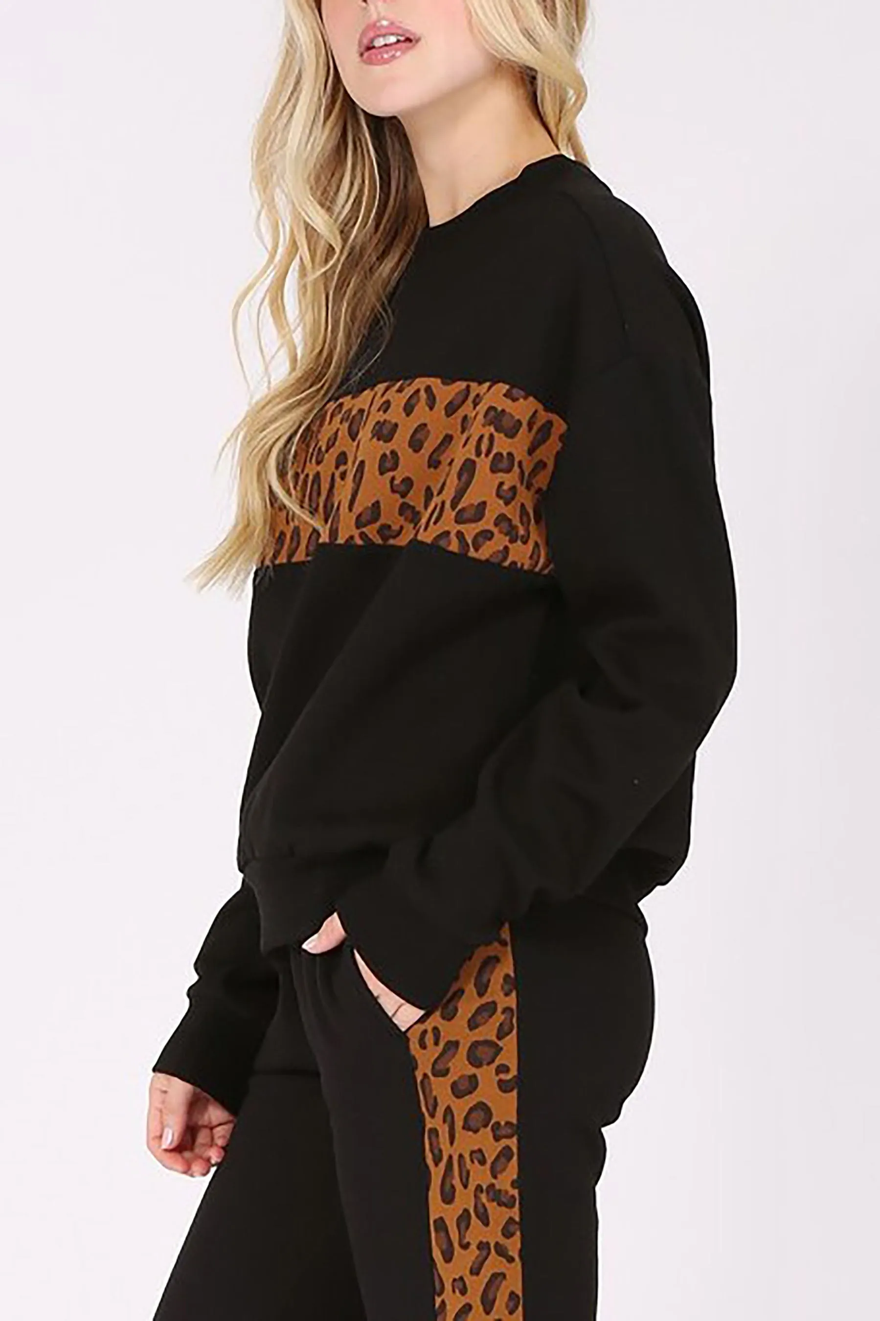 Women's Leopard Print Color Block Fleece Sweatshirt