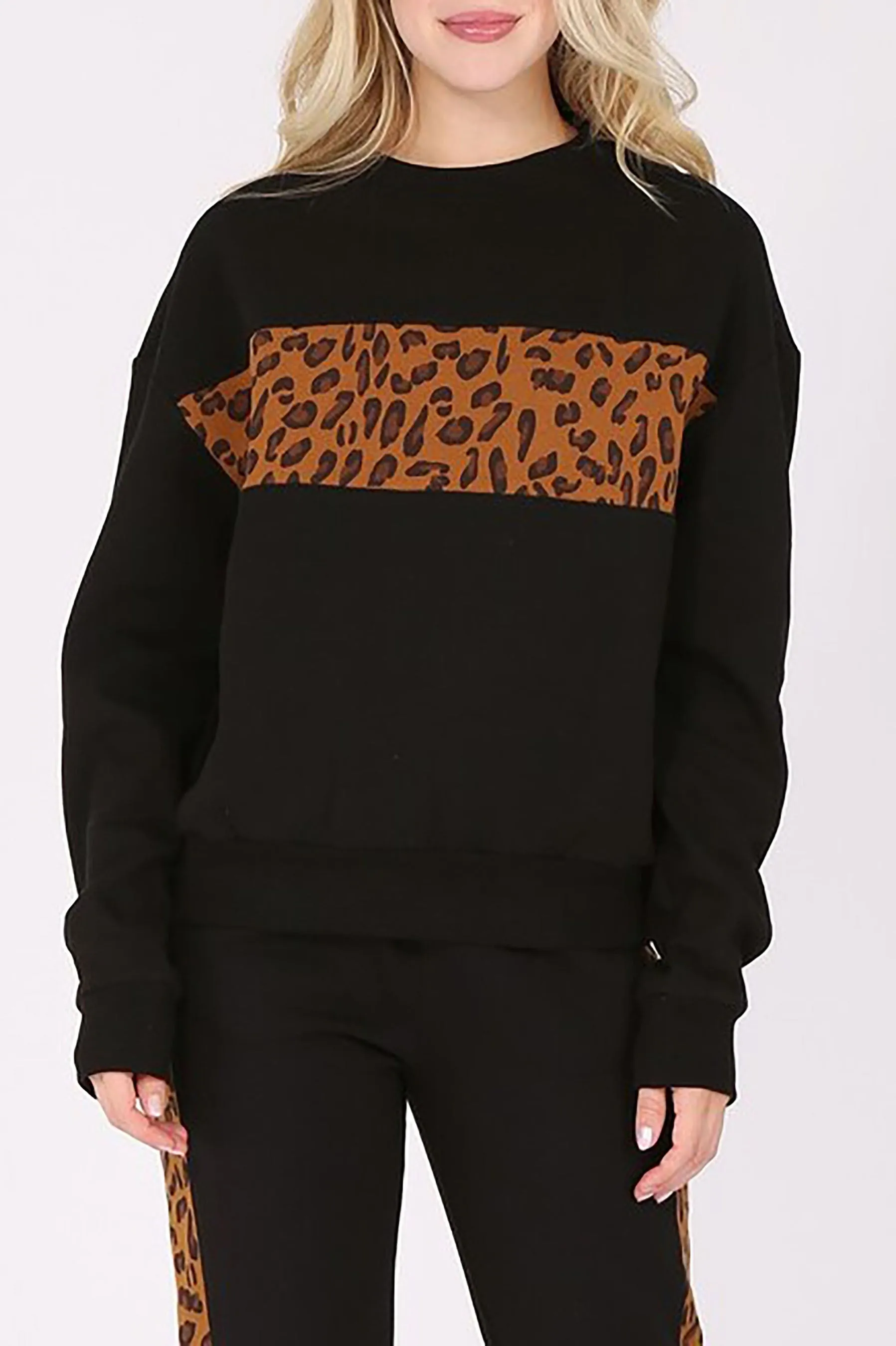 Women's Leopard Print Color Block Fleece Sweatshirt