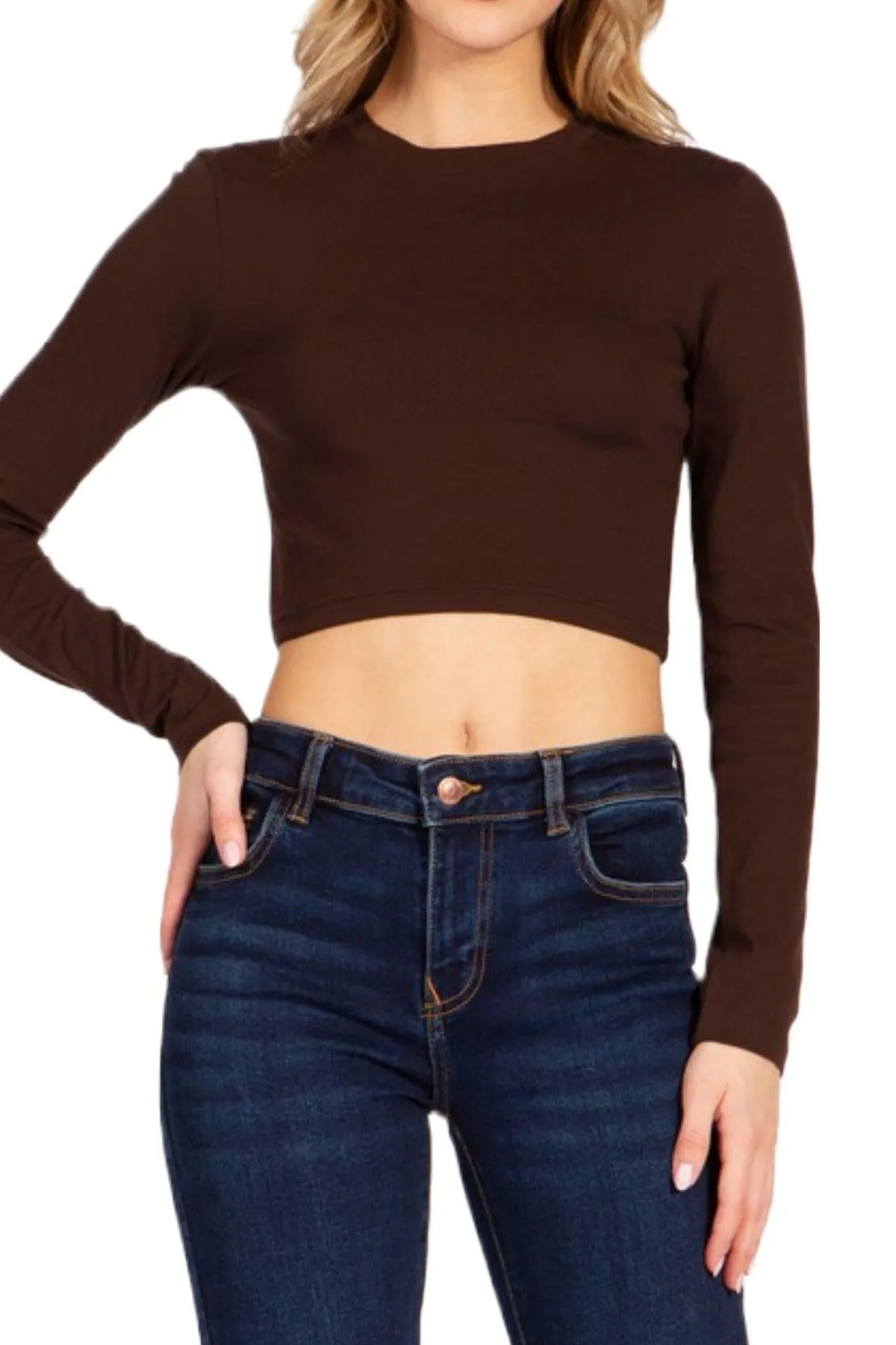 Women's Round Neck Long Sleeve Crop T-Shirt