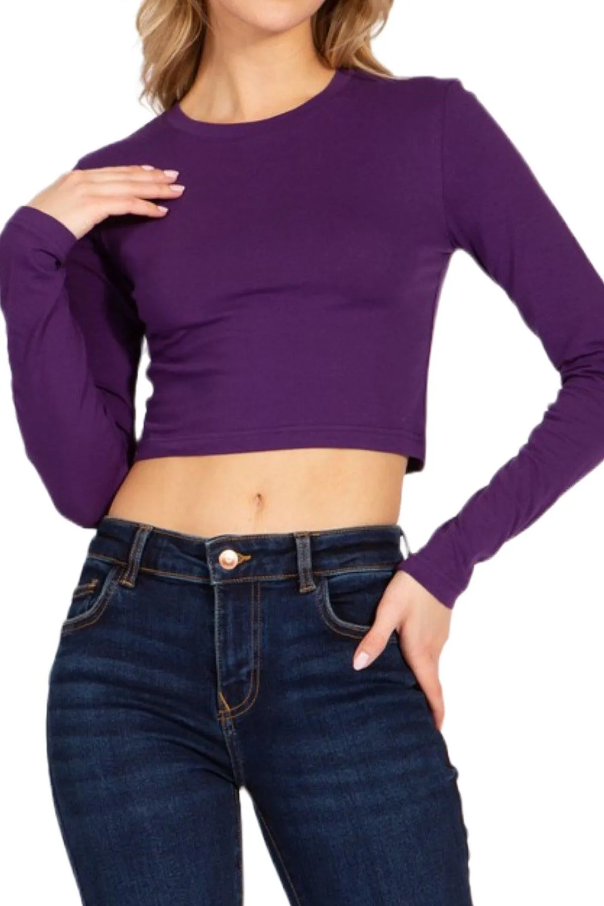 Women's Round Neck Long Sleeve Crop T-Shirt