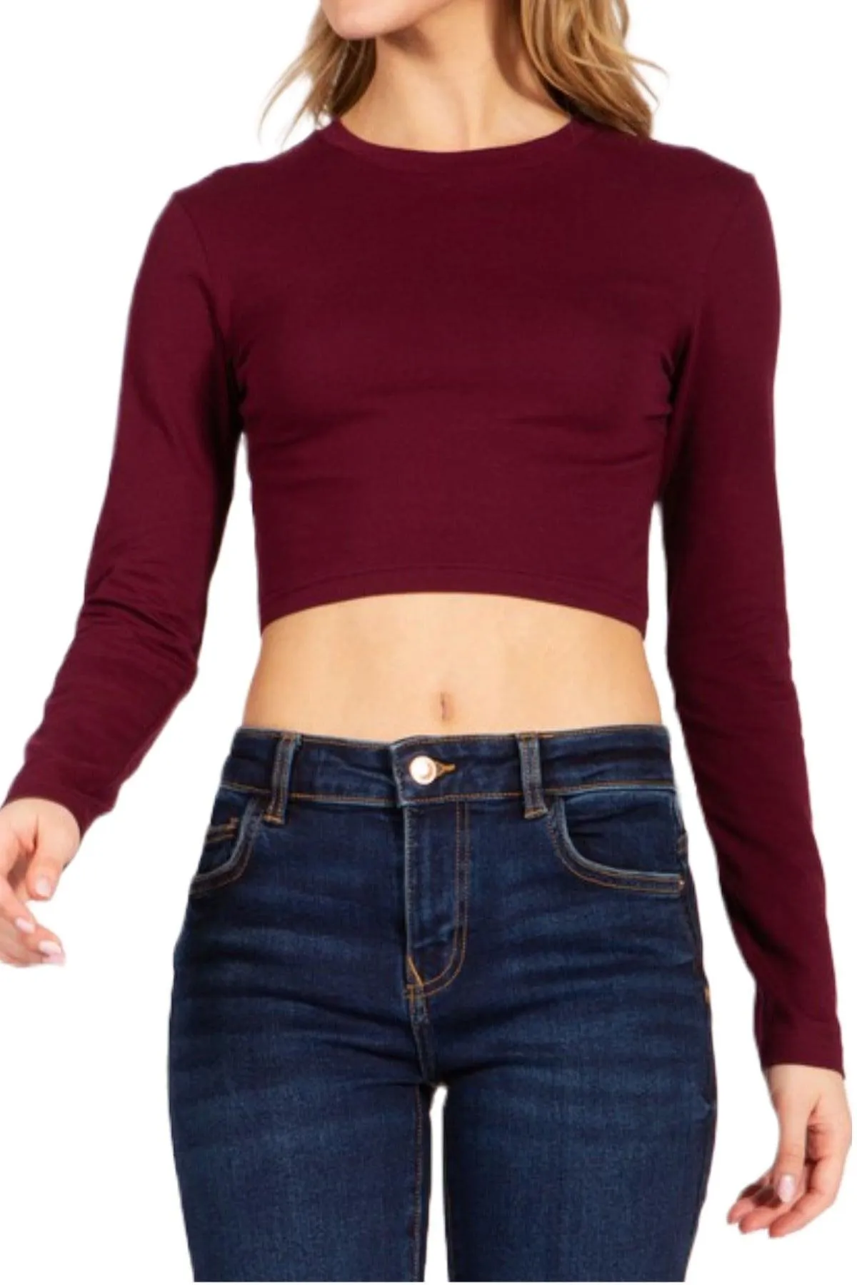 Women's Round Neck Long Sleeve Crop T-Shirt