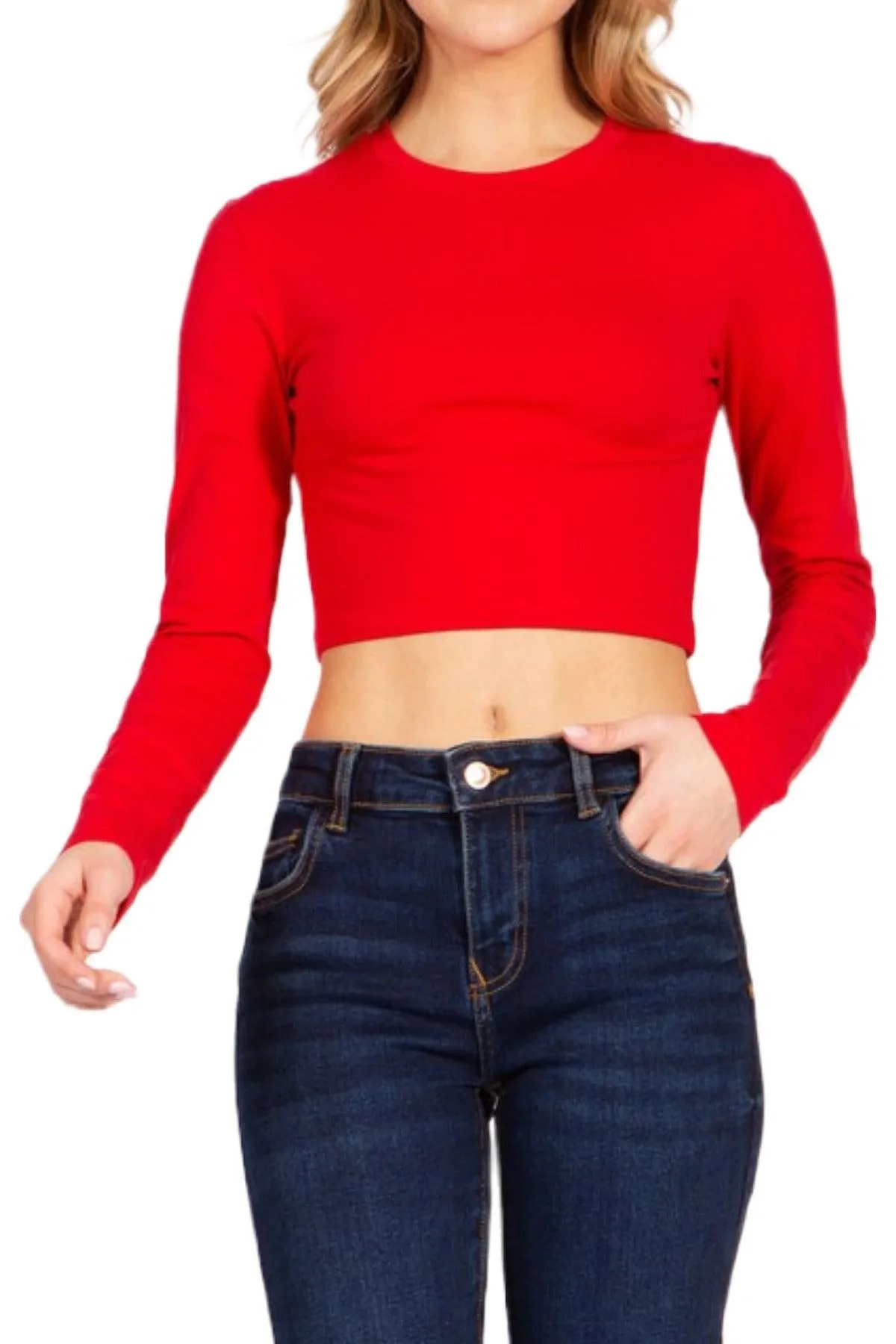 Women's Round Neck Long Sleeve Crop T-Shirt