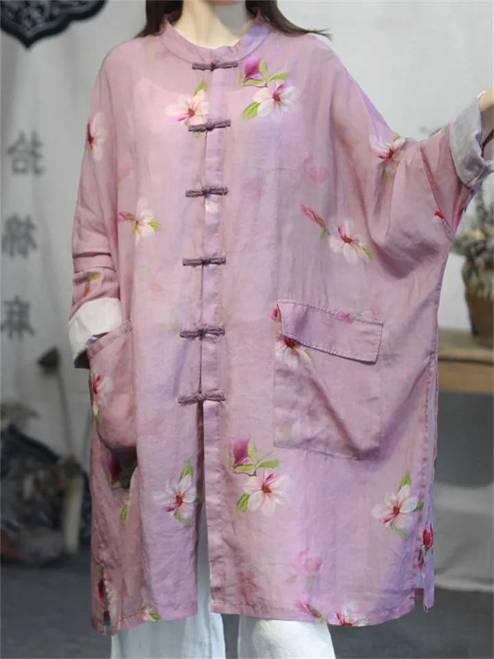 Women's Summer Knot Button Print Flowy Long Shirt