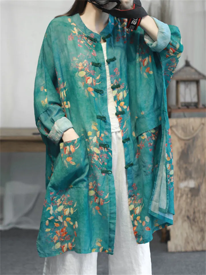 Women's Summer Knot Button Print Flowy Long Shirt