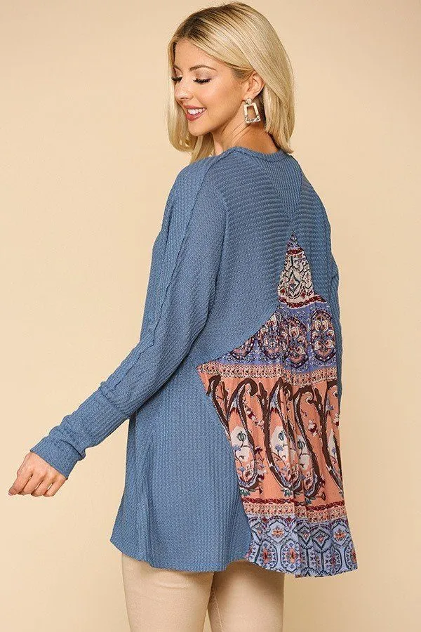 Women's Waffle Knit And Woven Print Mixed Hi Low Flowy Tunic Top