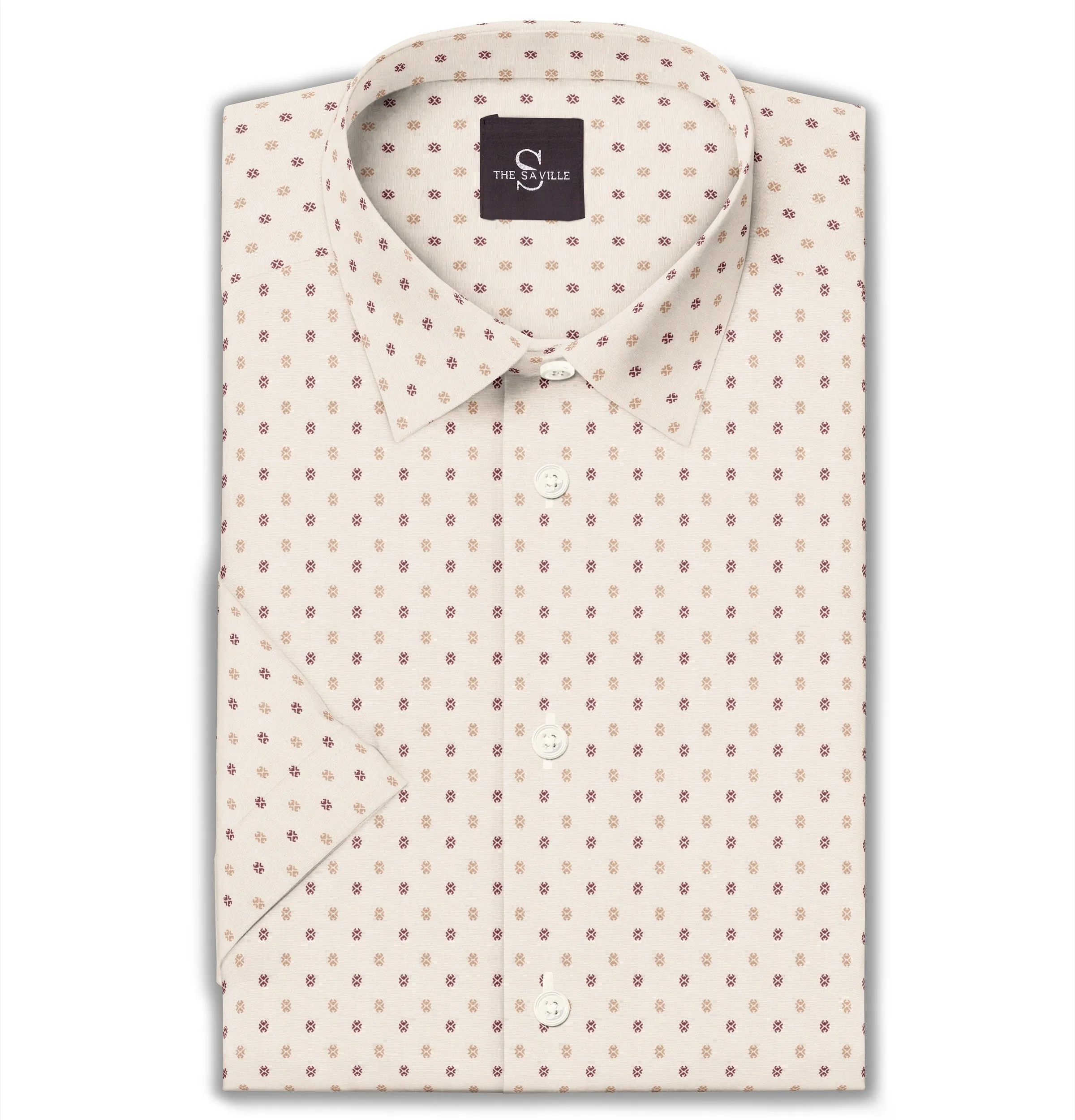 Wrinkle-free Beige with Geometric Print - Short Sleeve