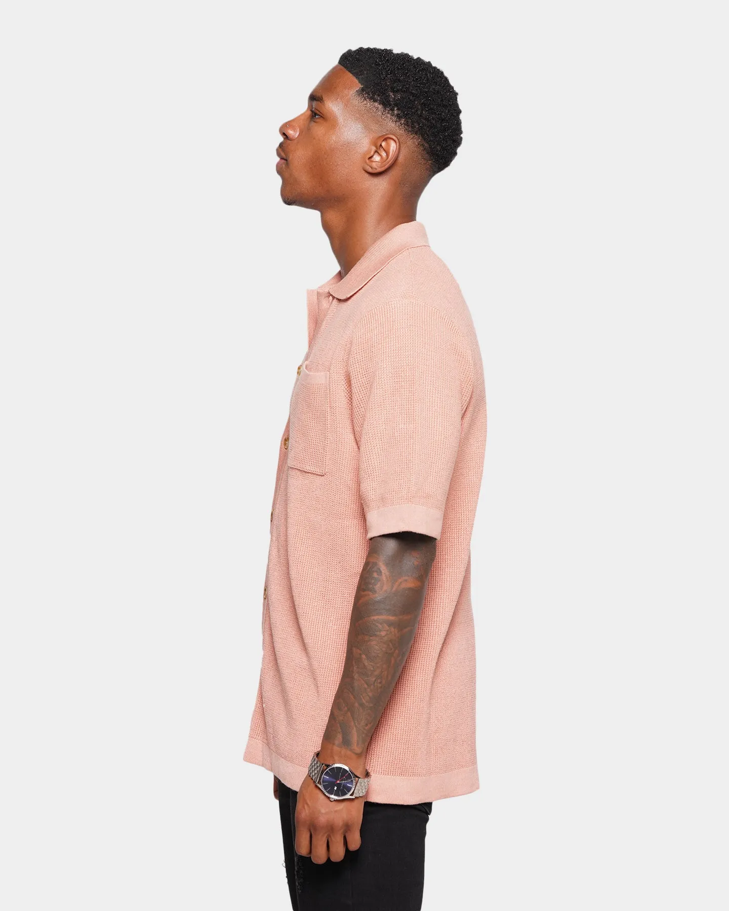 XXIII Zyair Knit Rib Button Up T-Shirt Dusty Pink