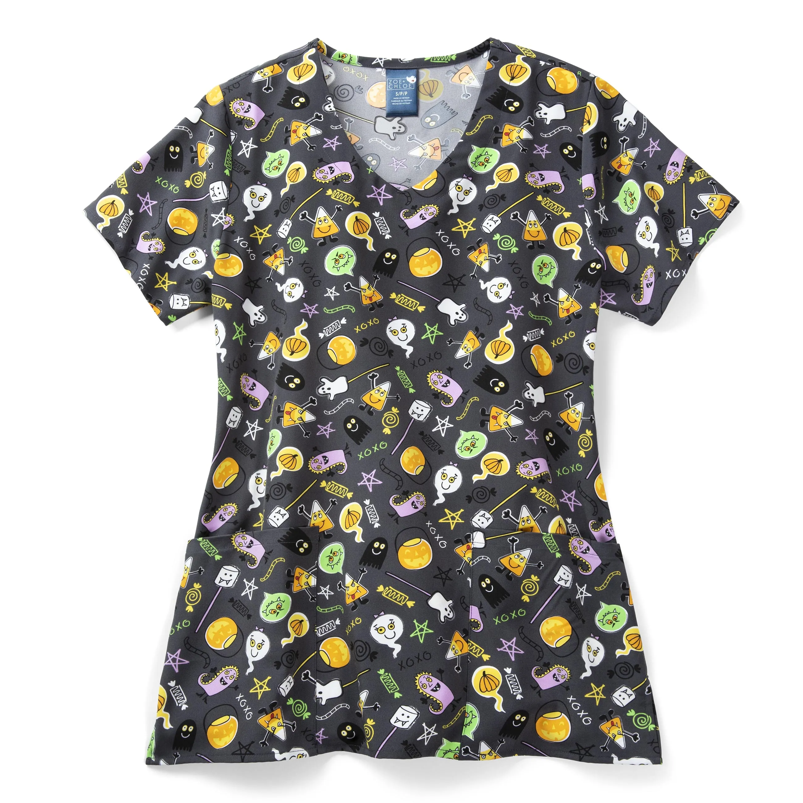 Zoe Chloe Performance V-Neck Print Scrub Top - Monster Bites