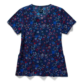 Zoe Chloe Performance V-Neck Print Scrub Top - Red White & Bloom