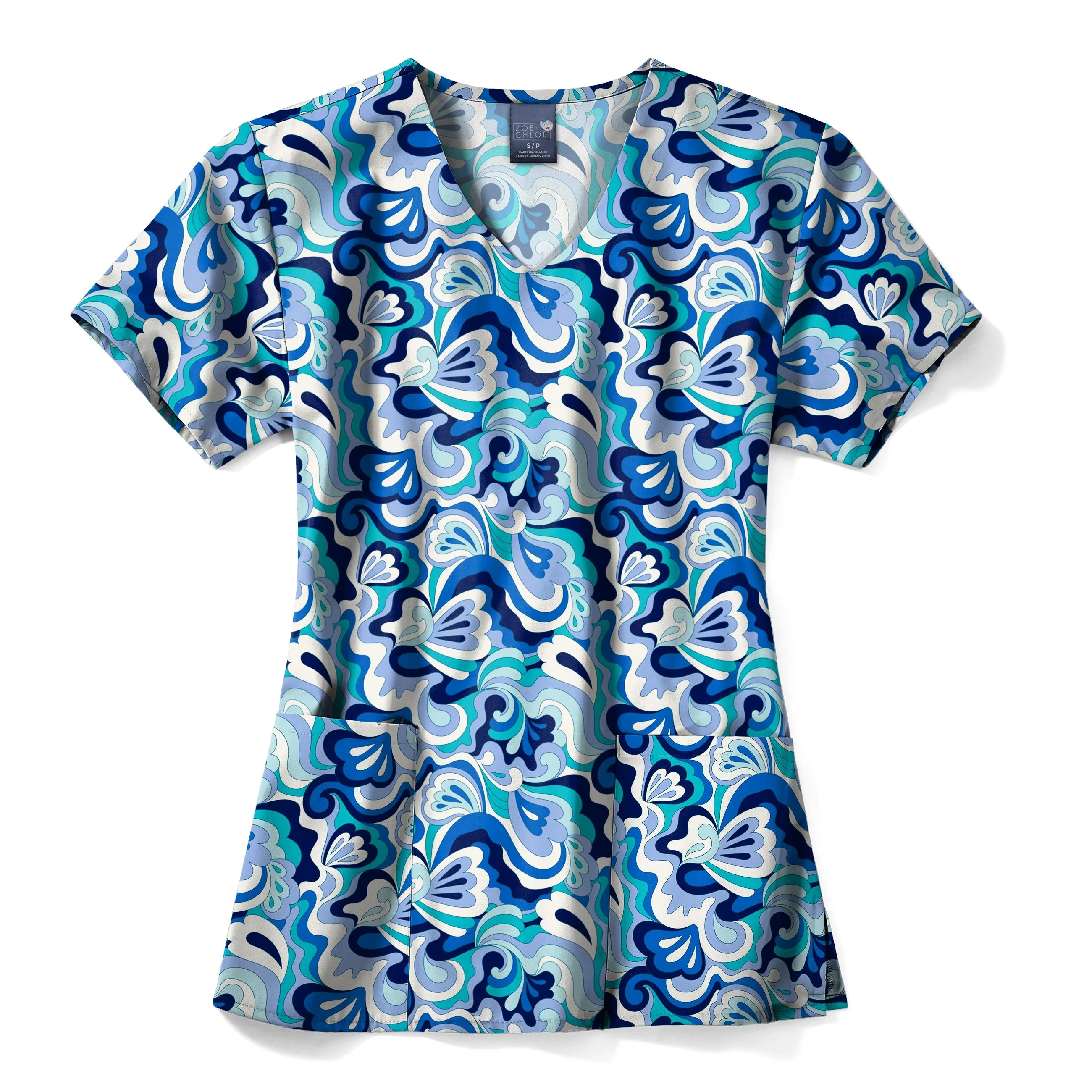 Zoe Chloe Performance V-Neck Print Scrub Top - Wavy Paisley